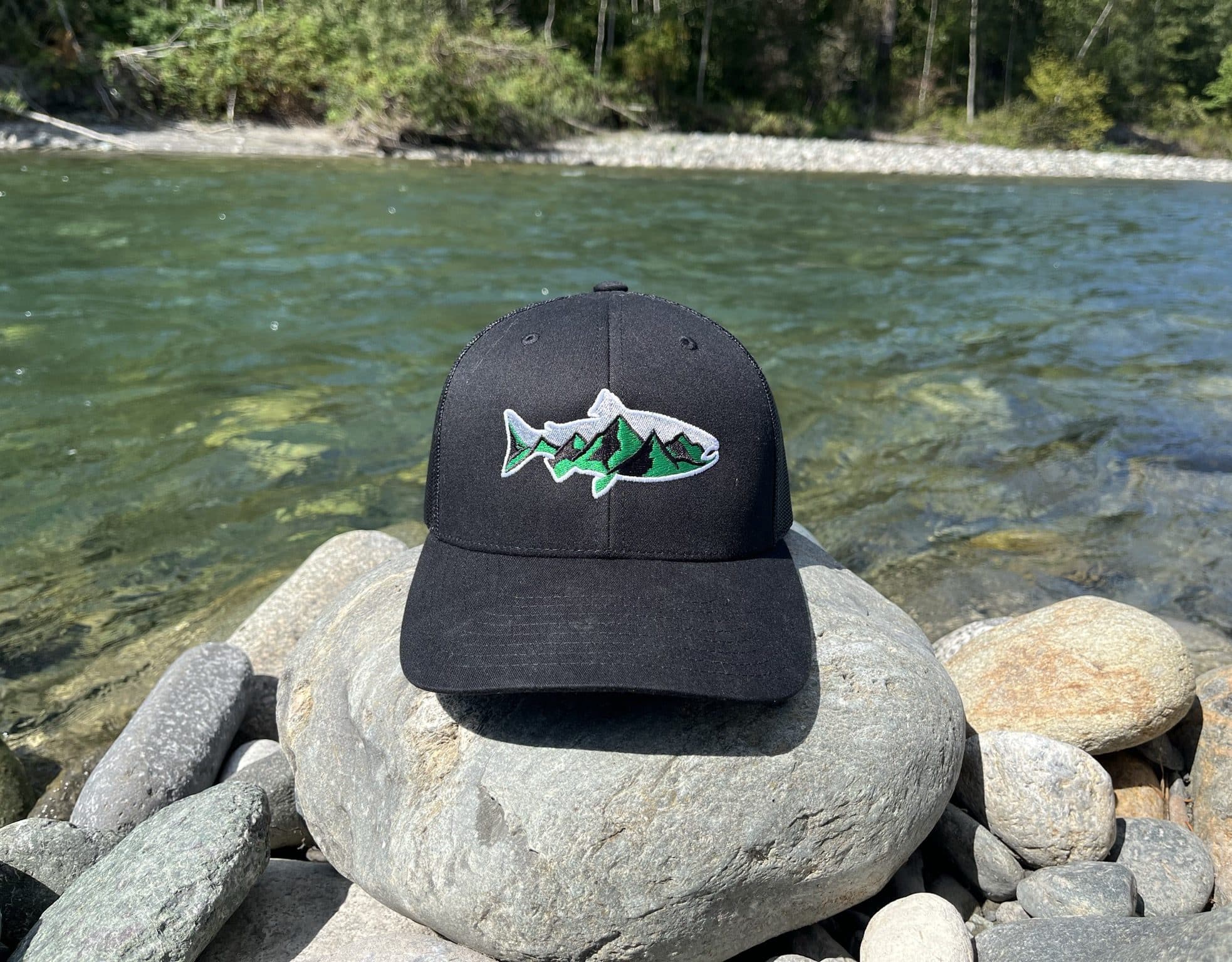 BeadnFloat Coho Mountains Trucker Hat on the Vedder River
