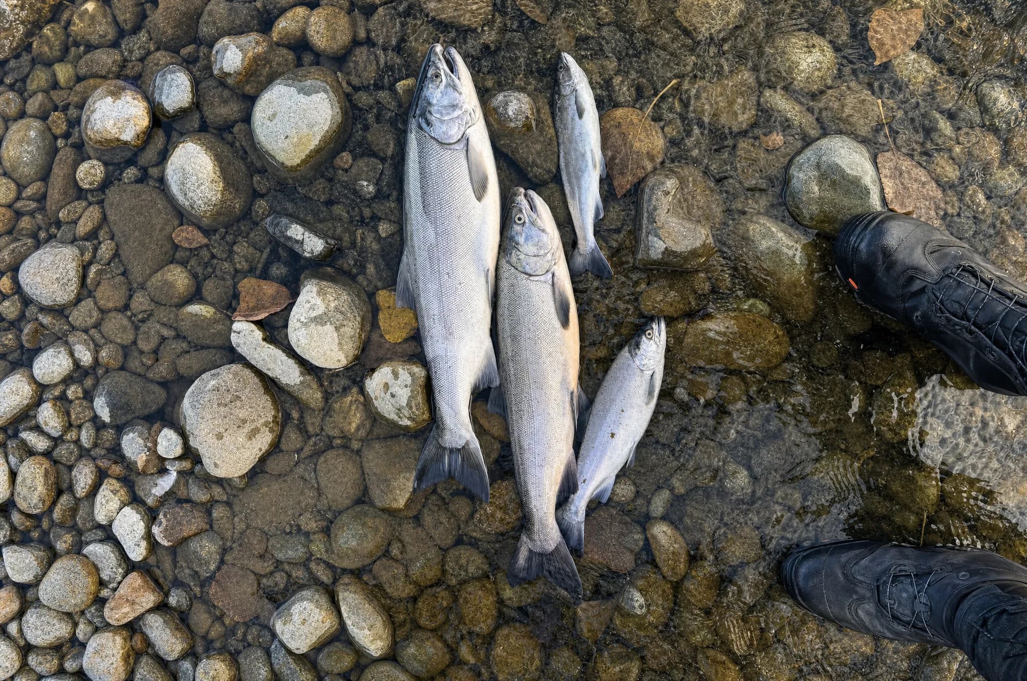 Four salmon laid out on river gravel at an angler's feet