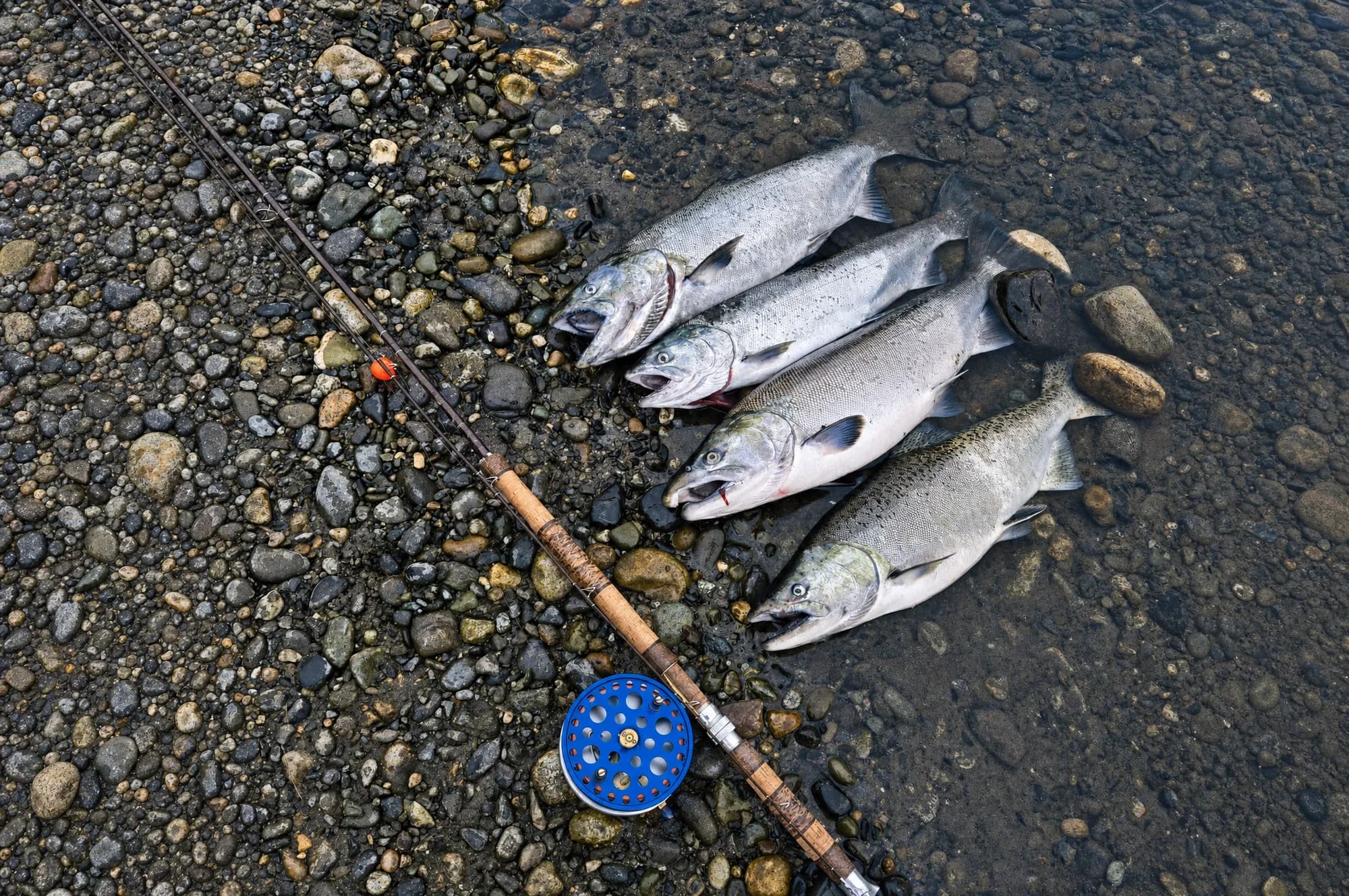 Four salmon beside a float rod and centrepin reel on wet gravel