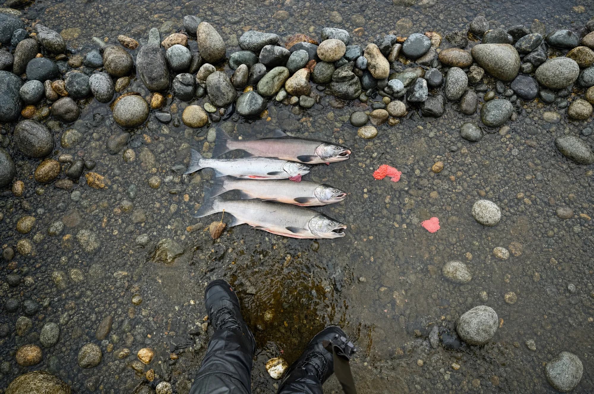 Four salmon on wet sand at an angler's feet