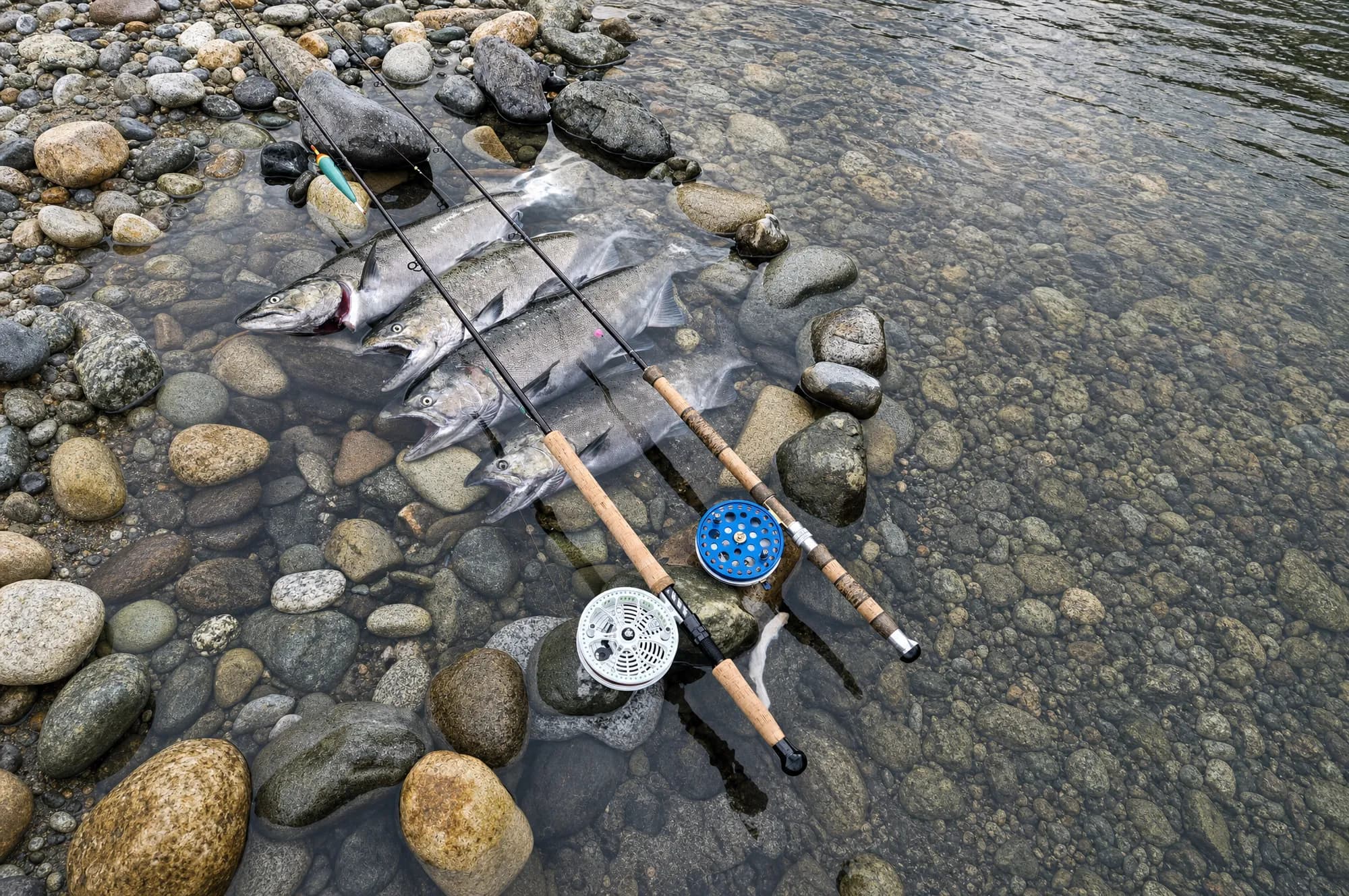 Day's catch of salmon laid out with two float rods and centrepin reels on a gravel bar