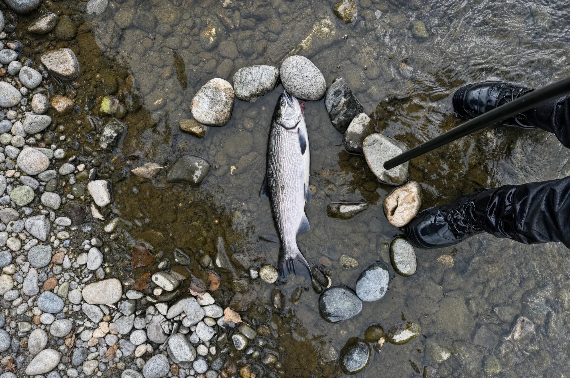 Single salmon in the shallows beside a rod tip
