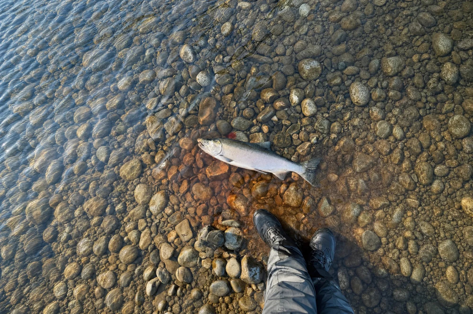 Chrome-bright salmon in shallow water at an angler's feet