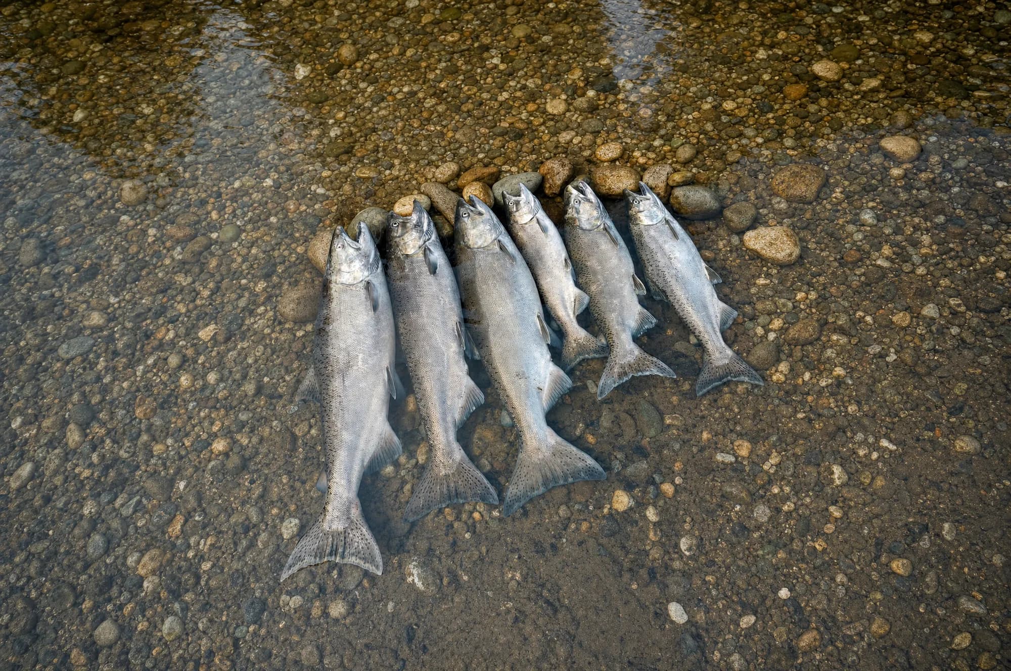 Six bright salmon laid out at the river's edge