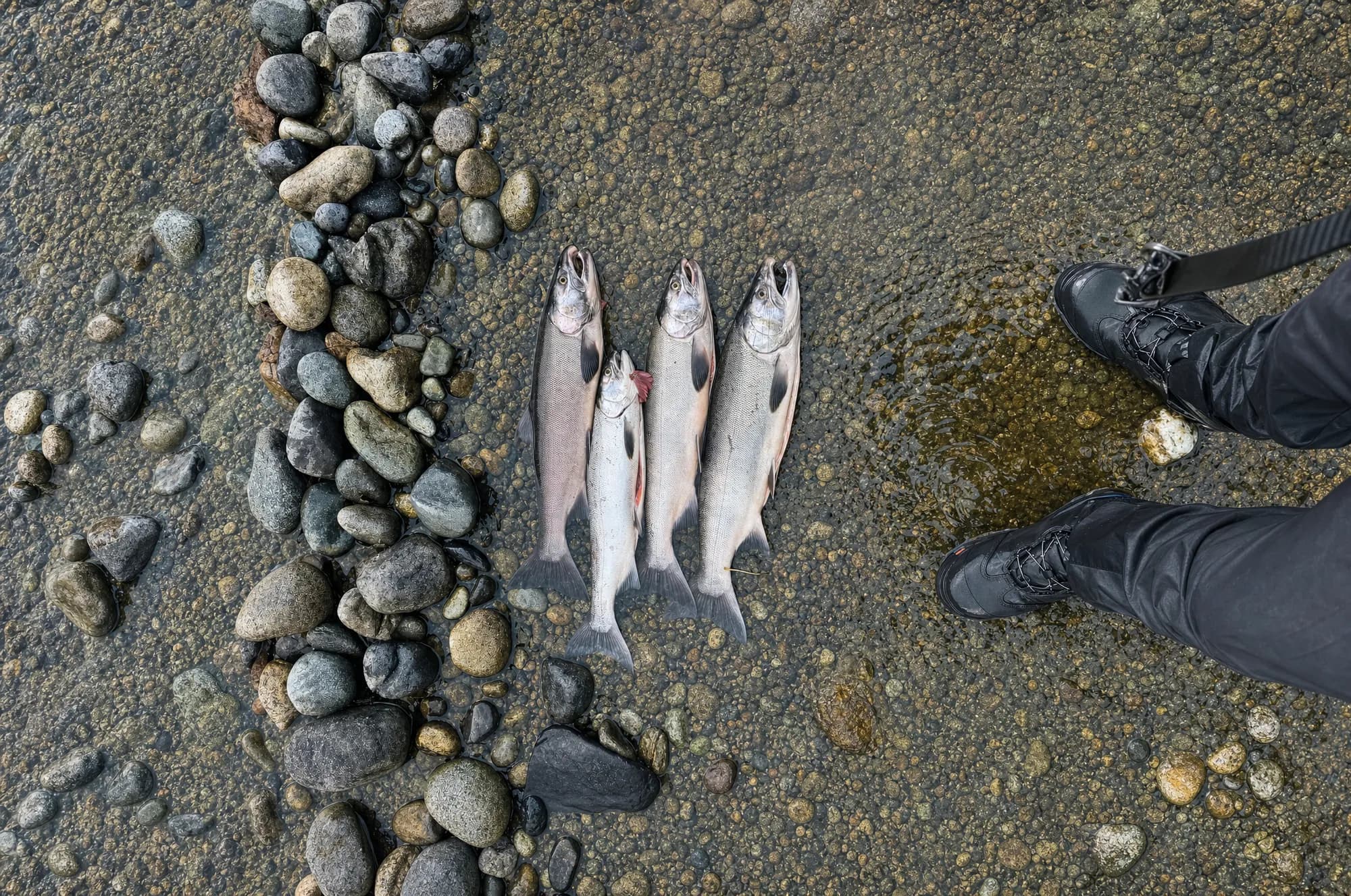 Three salmon laid along a line of pebbles at the water's edge