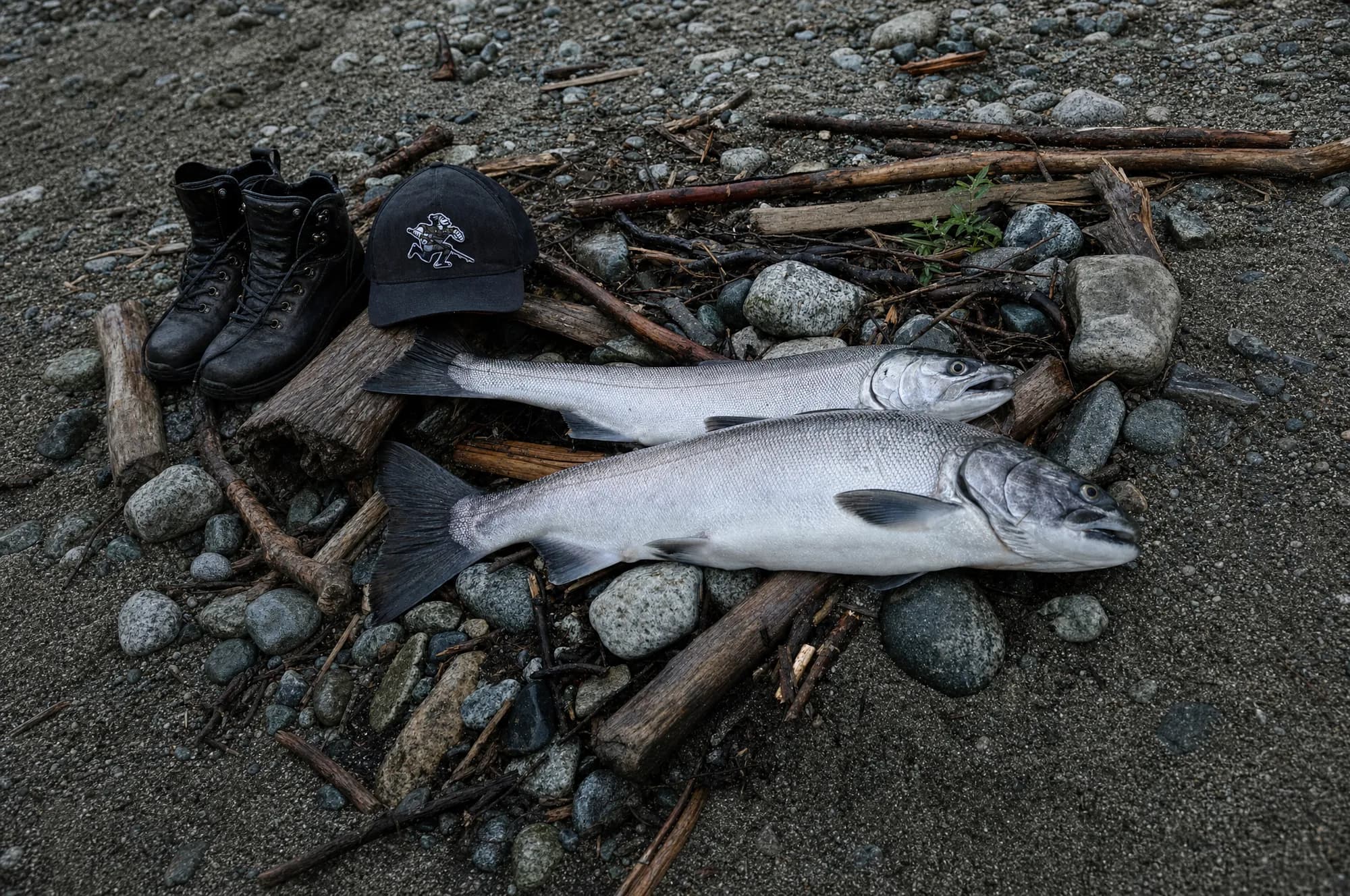 Two salmon resting on driftwood beside an angler's cap and boots