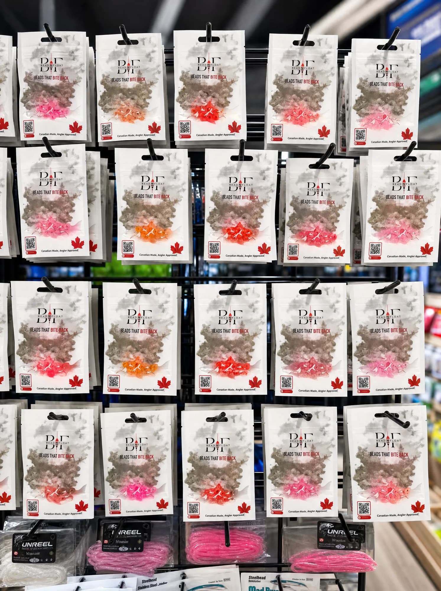 BeadnFloat soft bead packs on the shelf at Highwater Tackle, North Vancouver