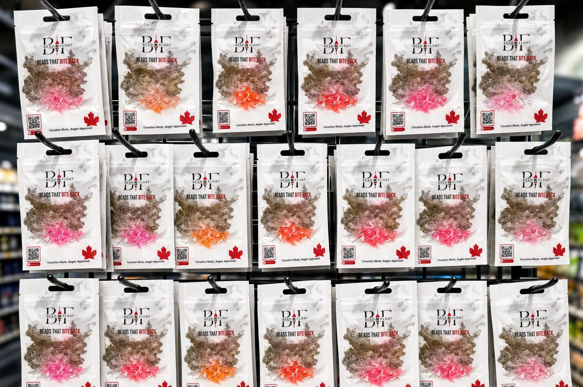 BeadnFloat soft bead packs on the shelf at Highwater Tackle, North Vancouver